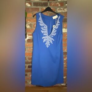 Cappagallo Womens Sleeveless Blue Embroidered Dress